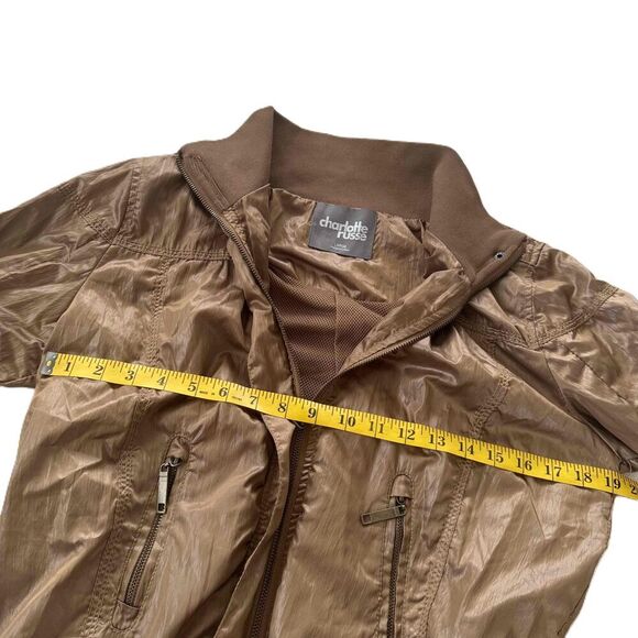 Charlotte Russe Bomber Jacket Large L Bronze Brown Full Zip Stand Collar Gold - Picture 7 of 9